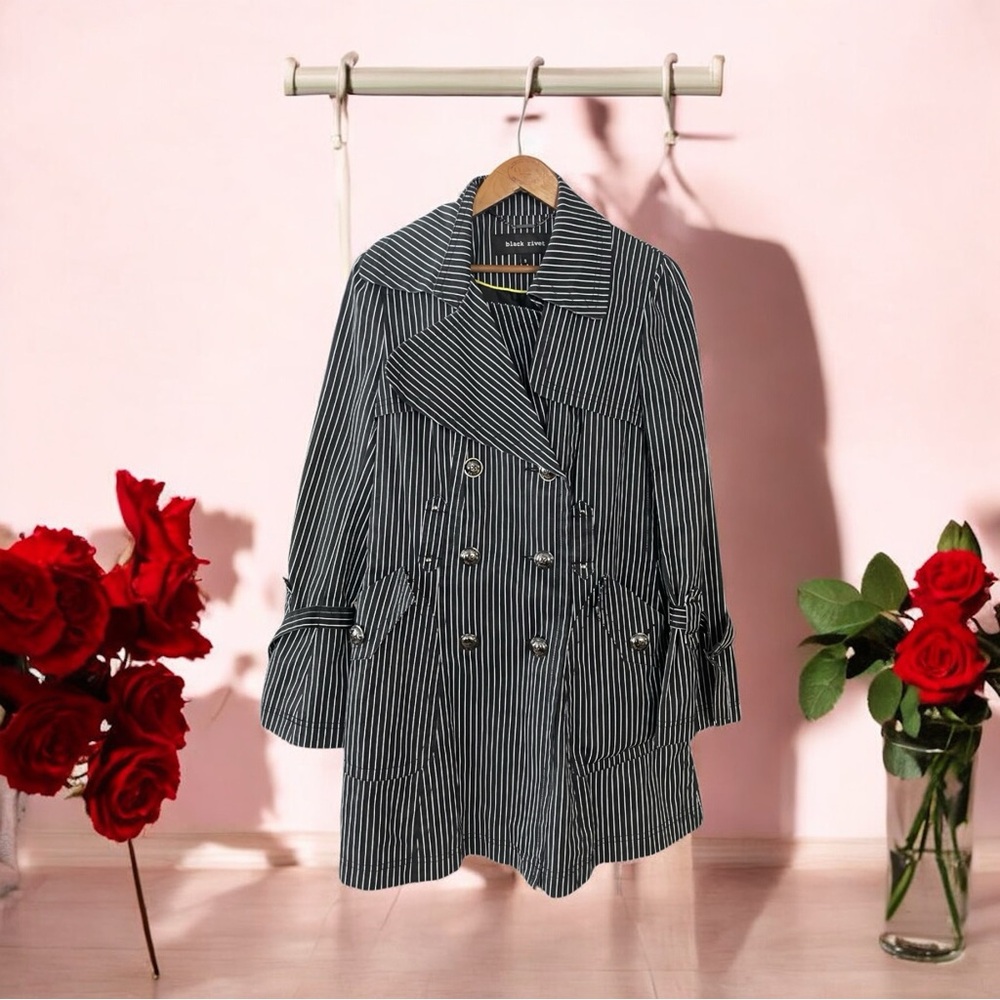 Black Rivet G-III Striped Trench Coat - Black W/ White Stripes - Size Small